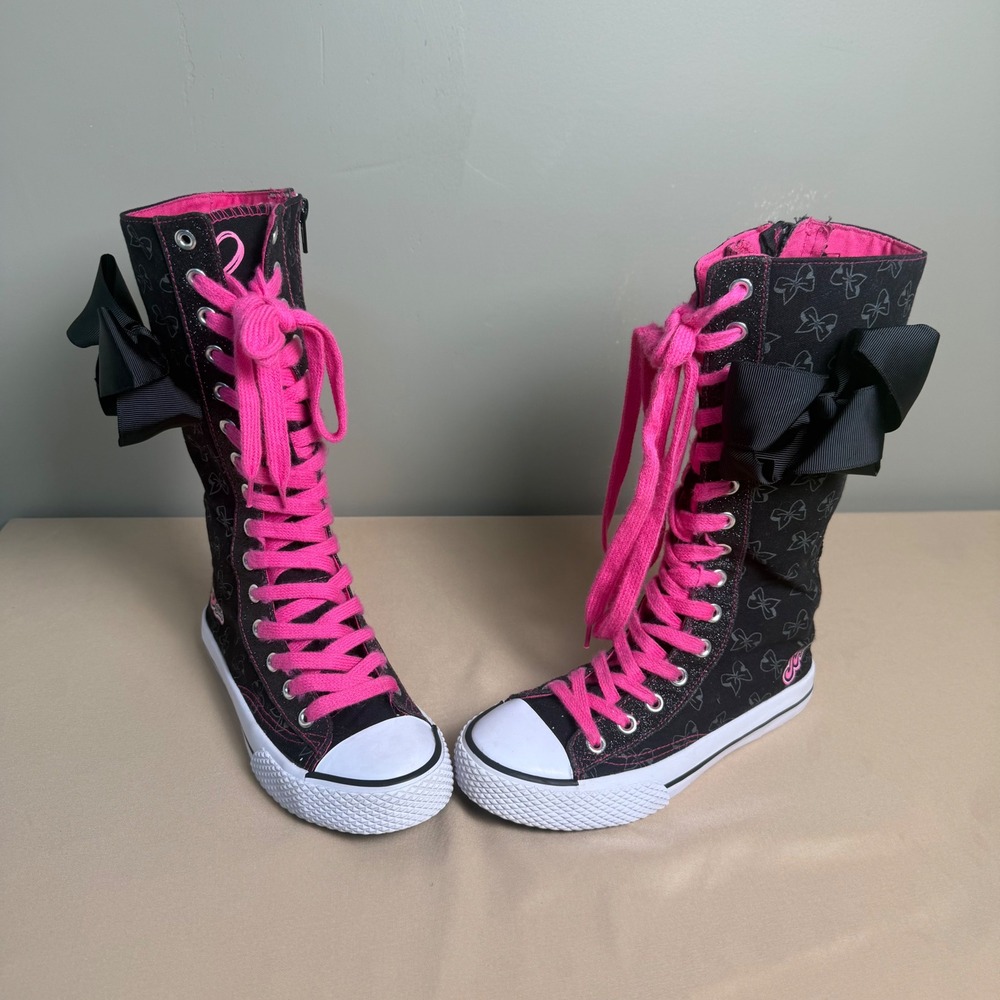 JoJo Siwa Girls Black Pink Bow Print Knee High Top Sneakers Size 2 179931